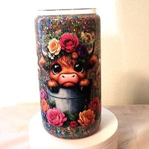 Handmade Glitter Snow Globe Cup 16 Oz. Glass Yak Lid & Straw Medium Flow. B/118